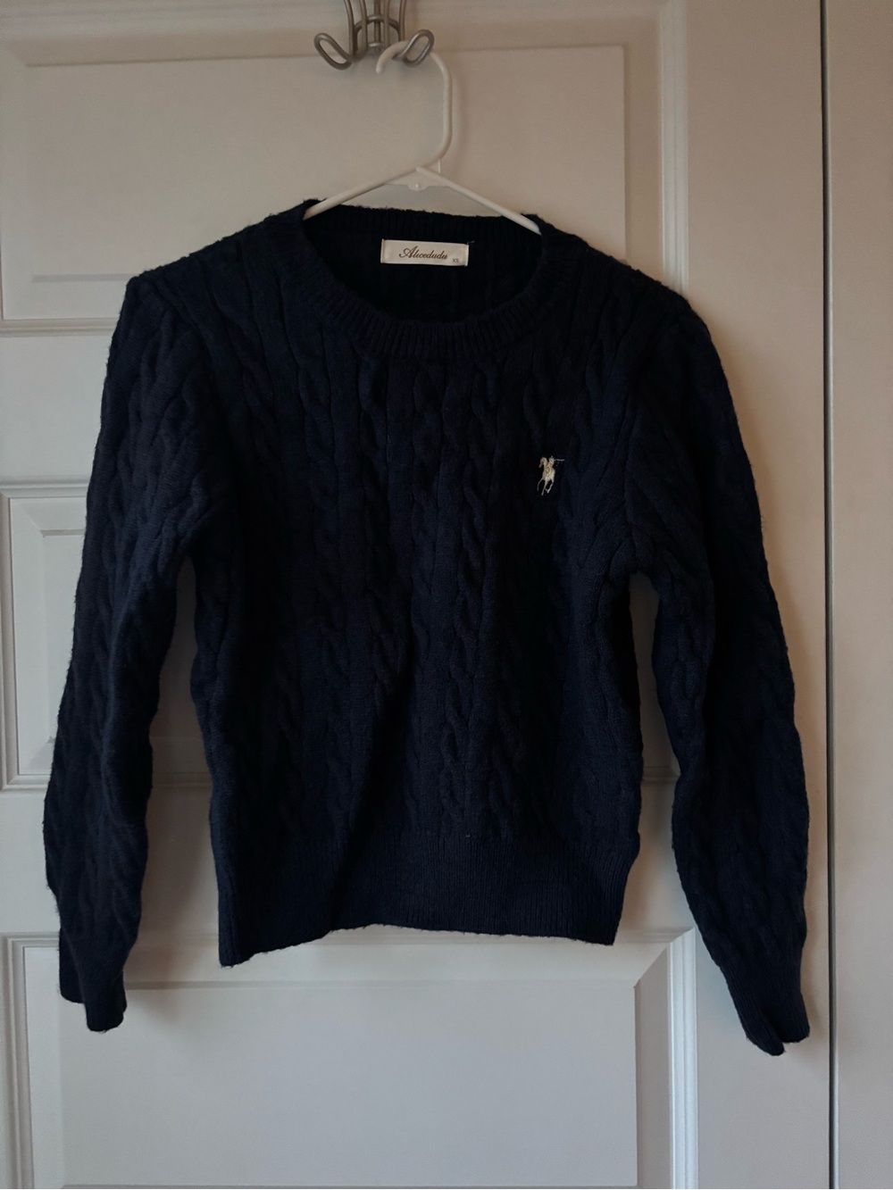Navy Cable-Knit Crewneck Sweater with Logo